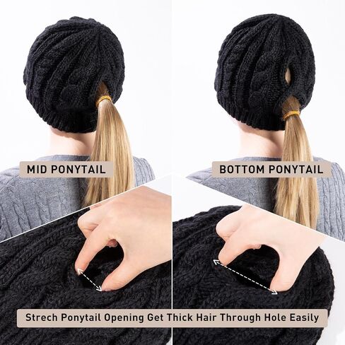 Merino Wool Blend Messy Bun High Ponytail Hole Fleece Lined Beanie Winter Hat Big Head Women in Kuwait
