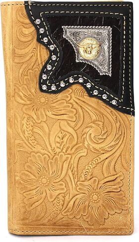 West Star Men Western Wallet Long Bifold Checkbook Style Without Cow Hair Genuine Leather 207F Star Coffee in Kuwait