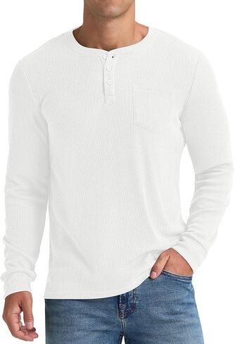 NITAGUT Mens Waffle Henley Shirts Long Sleeve T Shirts Casual T-Shirt with Pocket in Saudi Arabia