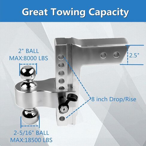 Black Adjustable Trailer Hitch Fits 2.5" Receiver | 8" Drop/Rise Heavy Duty Aluminum Drop Hitch | Dual Towing Ball 2" and 2-5/16" with Double Stainless Steel Locks | 18500 LBS GTW Tow Hitch in Saudi Arabia