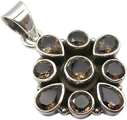 قطرة من الفضة الإسترلينية 925، قلادة كوارتز دخانية مستديرة مقاس 1.3 بوصة حجر كريم جديد in Kuwait