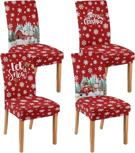 Christmas Chair Covers Set of 4 Snowman Red Truck Dining Chair Seat Cover Stretch Removable Xmas Chair Slipcover Protector for Xmas Dining Room Kitchen Home Decor in Saudi Arabia
