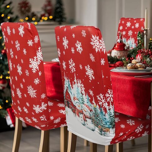 Christmas Chair Covers Set of 4 Snowman Red Truck Dining Chair Seat Cover Stretch Removable Xmas Chair Slipcover Protector for Xmas Dining Room Kitchen Home Decor in Saudi Arabia