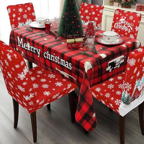Christmas Chair Covers Set of 4 Snowman Red Truck Dining Chair Seat Cover Stretch Removable Xmas Chair Slipcover Protector for Xmas Dining Room Kitchen Home Decor in Saudi Arabia