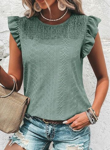 Dokotoo المرأة الصيف متماسكة القمم 2025 الجوف خارج Crewneck لطيف كشكش قصيرة الأكمام المرأة تي شيرت البلوزات in Saudi Arabia