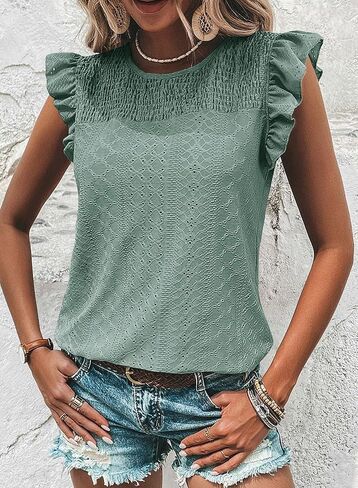 Dokotoo المرأة الصيف متماسكة القمم 2025 الجوف خارج Crewneck لطيف كشكش قصيرة الأكمام المرأة تي شيرت البلوزات in Saudi Arabia