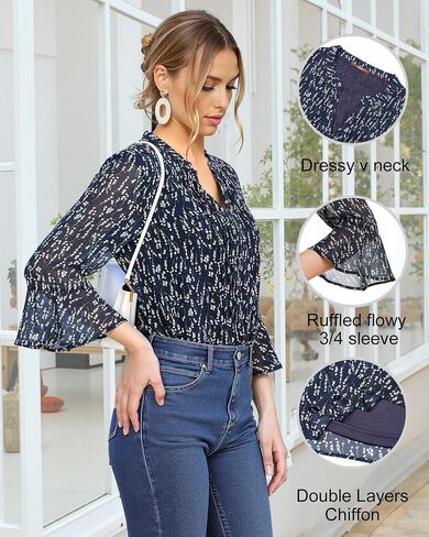 Gaharu Women's 3/4 Sleeve Tops Dressy Business Work Blouses Chiffon Office Shirts in Saudi Arabia