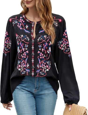 Womens Long Sleeve Shirts Fall Tops Embroidered Blouses Casual Loose Peasant Tunic Mexican Trendy Clothes 2024 in Saudi Arabia
