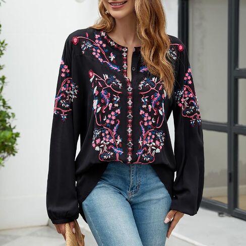 Womens Long Sleeve Shirts Fall Tops Embroidered Blouses Casual Loose Peasant Tunic Mexican Trendy Clothes 2024 in Saudi Arabia