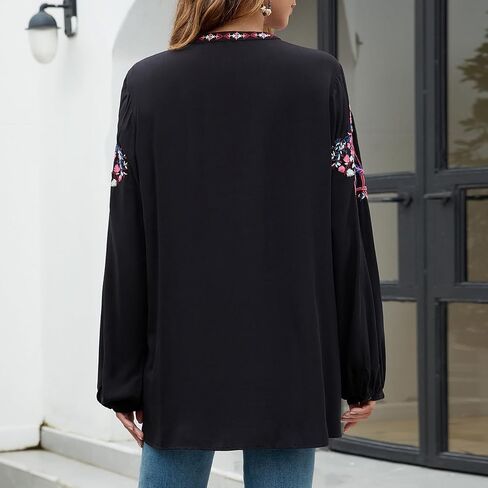 Womens Long Sleeve Shirts Fall Tops Embroidered Blouses Casual Loose Peasant Tunic Mexican Trendy Clothes 2024 in Saudi Arabia