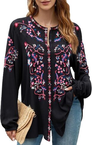 Womens Long Sleeve Shirts Fall Tops Embroidered Blouses Casual Loose Peasant Tunic Mexican Trendy Clothes 2024 in Saudi Arabia