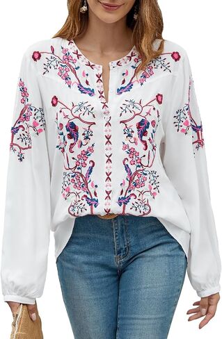 Womens Long Sleeve Shirts Fall Tops Embroidered Blouses Casual Loose Peasant Tunic Mexican Trendy Clothes 2024 in Saudi Arabia