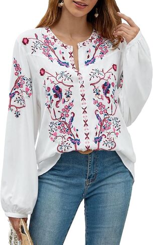Womens Long Sleeve Shirts Fall Tops Embroidered Blouses Casual Loose Peasant Tunic Mexican Trendy Clothes 2024 in Saudi Arabia