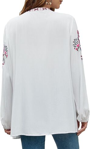 Womens Long Sleeve Shirts Fall Tops Embroidered Blouses Casual Loose Peasant Tunic Mexican Trendy Clothes 2024 in Saudi Arabia