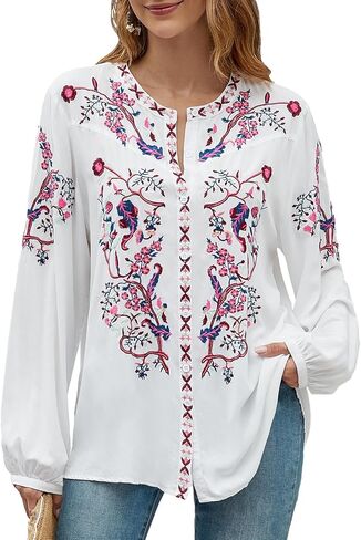 Womens Long Sleeve Shirts Fall Tops Embroidered Blouses Casual Loose Peasant Tunic Mexican Trendy Clothes 2024 in Saudi Arabia