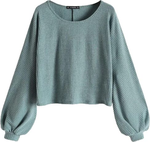 ZAFUL Women Ribbed Knit Long Sleeve Tops Shirts Lantern Sleeve Oversized Pullover Crop Sweater in Saudi Arabia