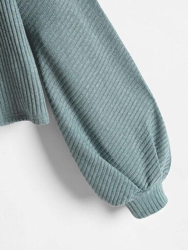 ZAFUL Women Ribbed Knit Long Sleeve Tops Shirts Lantern Sleeve Oversized Pullover Crop Sweater in Saudi Arabia