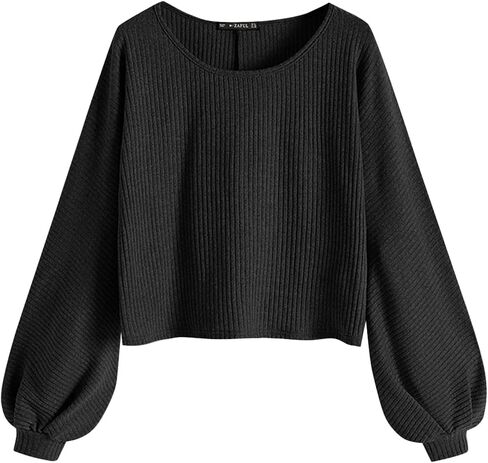 ZAFUL Women Ribbed Knit Long Sleeve Tops Shirts Lantern Sleeve Oversized Pullover Crop Sweater in Saudi Arabia