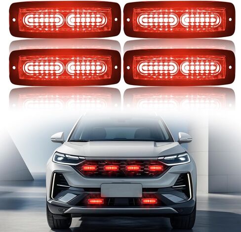 4PCS 12-LED Red Strobe Lights, LED Emergency Strobe Lights Surface Mount Strobe Lights Kit LED Mini Grille Light Strobe Lights for Trucks Vehicles Trailer Bus 12-24V (Red) in Kuwait