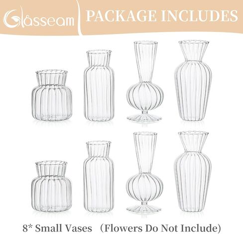 Modern Clear Glass Bud Vase Set: Glasseam 8Pcs Small Mini Flower Centerpieces Vases Handmade Decorative Cute Short Window Home Decor for Wedding Reception Dining Table Single Rose in Saudi Arabia