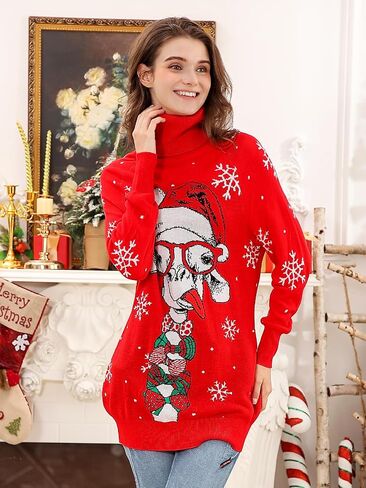 Women's Ugly Christmas Sweaters Dress 2024 Xmas Novelty Knit Turtleneck Tops in Saudi Arabia