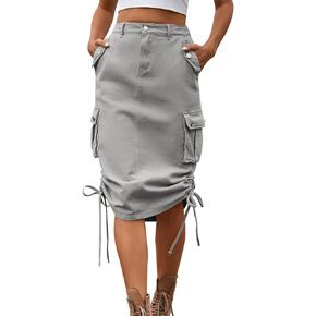 Women's High Waisted Drawstring Cargo Long Skirt Knee Length Side Split Denim Skirts with Cargo Pockets