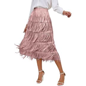 ODIZLI Midi Skirts for Women Fall Boho High Waist Tassel Fringe Layered Skirt A Line Skirts