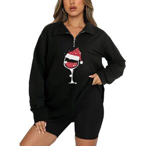 SUPEYA Red Wine Glass Christmas Oversized Sweatshirt Women Funny Santa Hat Graphic Shirt Casual Long Sleeve Pullover Top
