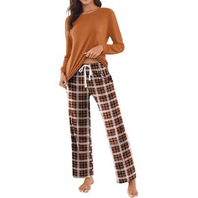 Ekouaer Womens 2 Piece Pajama Set Long Sleeve PJs with Plaid Pants Drawstring Elastic Waist Sleepwear Lounge Set