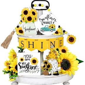 10 Pcs Summer Tiered Tray Decor Farmhouse Wood Tiered Tray Decor Lemon Watermelon Strawberry Sunflower Decor Kitchen Standing Sign Bead Garland Banner for Home Decor (Sunflower Theme)