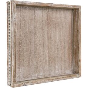 Wooden Decorative Tray, Small Serving Tray with Wood Bead, Farmhouse Big Tray for Ottoman, Countertop, Coffee Tabl, 13" x 13"x 1.6" (White Washed)