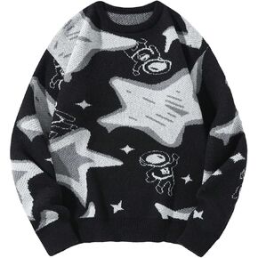 WDIRARA Men's Star Print Drop Shoulder Knit Tops Crewneck Long Sleeve Sweater Pullover