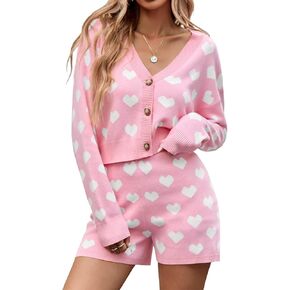 Tankaneo Womens Valentine's Day Sweater Sets Heart Knit Long Sleeve Cropped Cardigan and Shorts 2 Piece Outfits