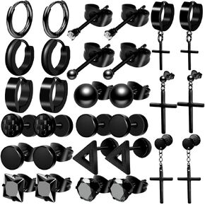 ONESING 12/18 Pcs Mens Earrings Black Earrings for Men Stainless Steel Earrings Piercing Jewelry Stud Hoop Punk Earrings Set