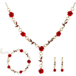Red Rose Necklace Rose Earrings Rose Bracelet For Women, Rose Pendant Necklace Rose Stud Earrings Gold Plated Red Rose Jewelry Sets For Women Elegant