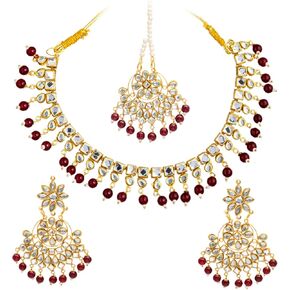 Bodha Traditional Indian Gold Plated Kundan White Pearl Bridal Necklace Combo Necklace with Maang Tikka and Earrings Jewellery/Jewelry Set for Women (SJN_179_PP)