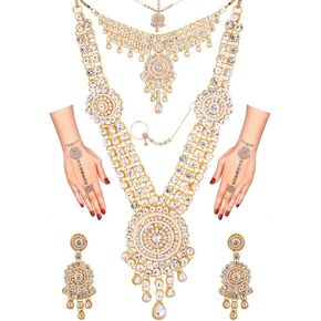 Efulgenz Indian Bridal Jewelry Indian Wedding Jewelry Sets for Women Bridal Bollywood Kundan Rhinestone Necklace Earrings Maang Tikka Head Chain Nose Ring Bracelet Jewelry Set