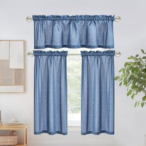Deconovo Semi-Rod Poket 3 Pieces Linen Sheer Tier Curtains and Valance Set for-Kitchen, 52x14 Inch(1)+ 26x36 Inch(2), Stone Blue