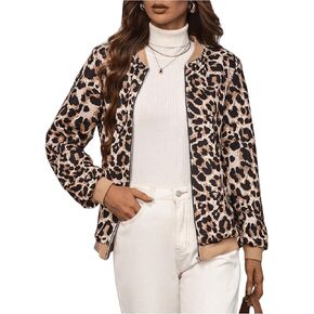 Milumia Women's Leopard Print Full Zip Bomber Jacket Long Sleeve Coat Outerwear