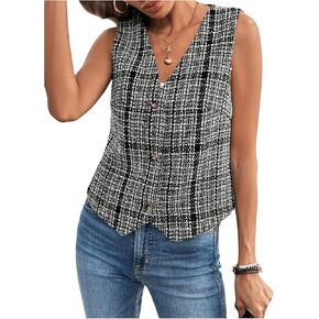 Milumia Women's Tweed Plaid V Neck Blazer Vest Sleeveless Button Down Jacket
