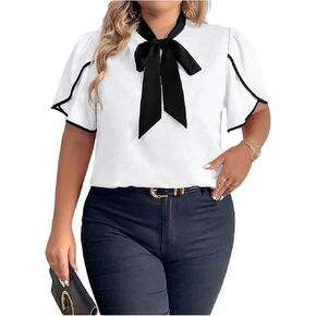 Women's Plus Size Elegant Short Sleeve Tie Neck Casual Contrast Binding Regular Fit Blouse Shirts Top