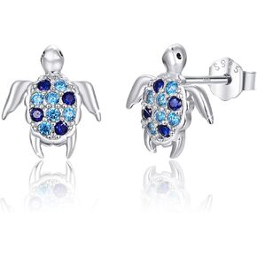 925 Sterling Silver Turtle Studs Earrings with Graduated Blue Cubic Zirconia, Sea Tortoise Nautical Jewelry Mother Day for Women Mom Wife Girlfriend with Box