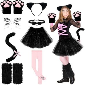 Haull 8 Pcs Halloween Kitten Cat Costume Accessories Girl Cat Ear Tail Gloves Bell Choker Necklace Tights Skirt Calf Sleeves