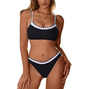 BMJL Women's Bikini Sets Cheeky Color Block Two Piece Swimsuits Sporty Scoop Neck High Cut Bathing Suit