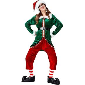 GRAJTCIN Unisex Christmas Elf Costume Adult 6 Pieces Velvet Santa's Helper Holiday Cosplay Outfit