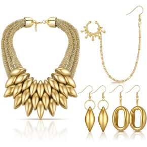 4 Pcs Women African Jewelry Set African Bib Choker Necklaces Vintage National Gold Statement Necklace Tribal Style Layered Collar Necklace African Nose Rings with Chain African Gold Earrings