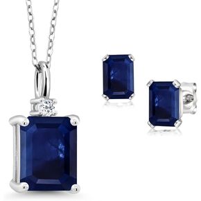 Gem Stone King 925 Sterling Silver Blue Sapphire and White Topaz Pendant and Earrings Jewelry Set For Women (4.72 Cttw, Emerald Cut 10X8MM and 6X4MM, with 18 Inch Chain)