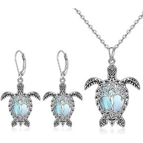 Turtle Necklace Earrings Set Moonstone Tree of Life Sea Turtle Earrings for Women Sterling Silver Dangle Moonstone Leverback Hawaii Gifts