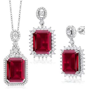 Gem Stone King 925 Sterling Silver Red Created Ruby Pendant and Earrings Jewelry Set For Women (25.10 Cttw, Emerald Cut 14X10MM, Gemstone, with 18 Inch Chain)