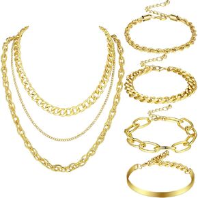 Glenmal 7 Pcs 90s Jewelry Set for Women Punk Cuban Link Chain Gold Sliver Necklace Bracelet Sets Hip Hop Freaknik Valentine's Day Accessories